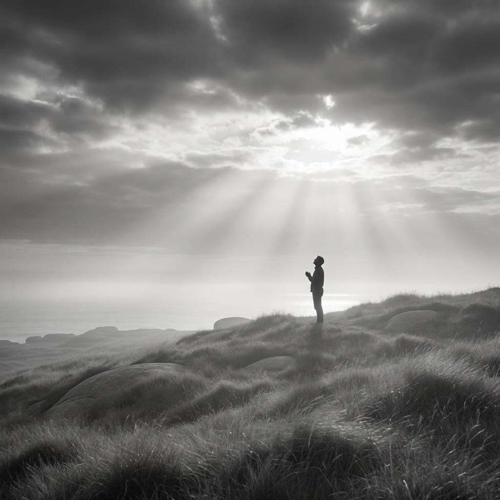 A person standing on a hilltop at sunrise, holding a Bible, with light streaming through the clouds